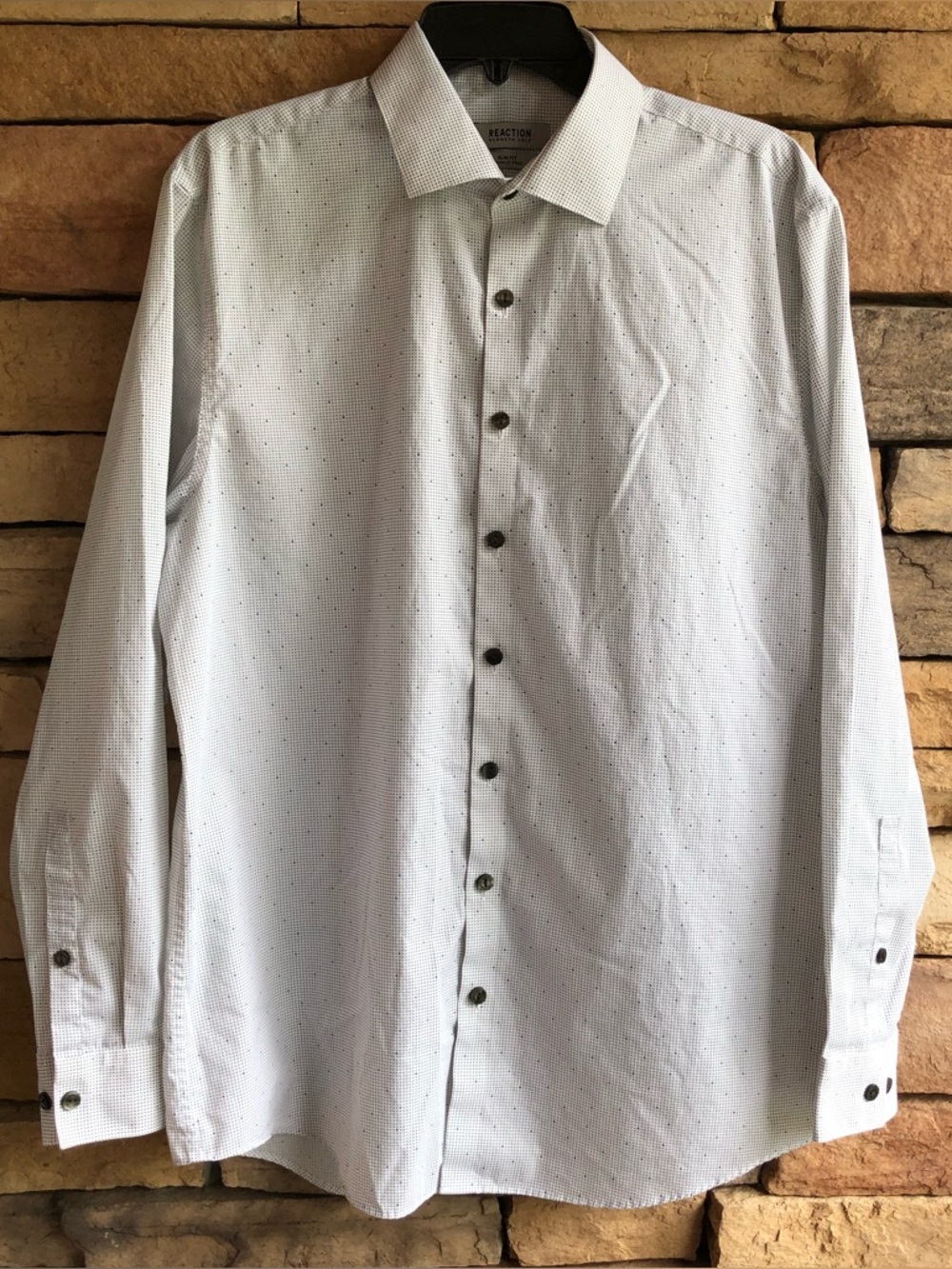 Kenneth Cole white grey print slim fit button up collar shirt Men L 16 32/33 New